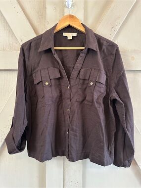 Michael Kors Brown Linen Blend Utility Button Front Shirt Women’s L